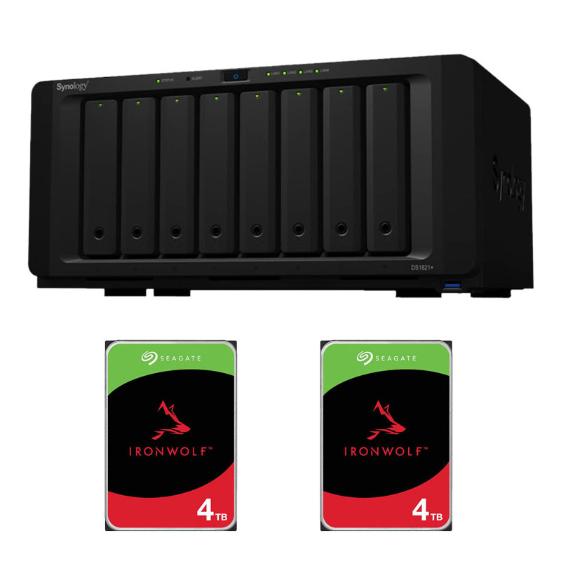 Picture of Synology DiskStation DS1821+ Network Attached Storage Drive (Black) +2 x Seagate 4TB IronWolf NAS HDD (3.5" 6GB/S SATA 256MB/ 3 Years Warranty)